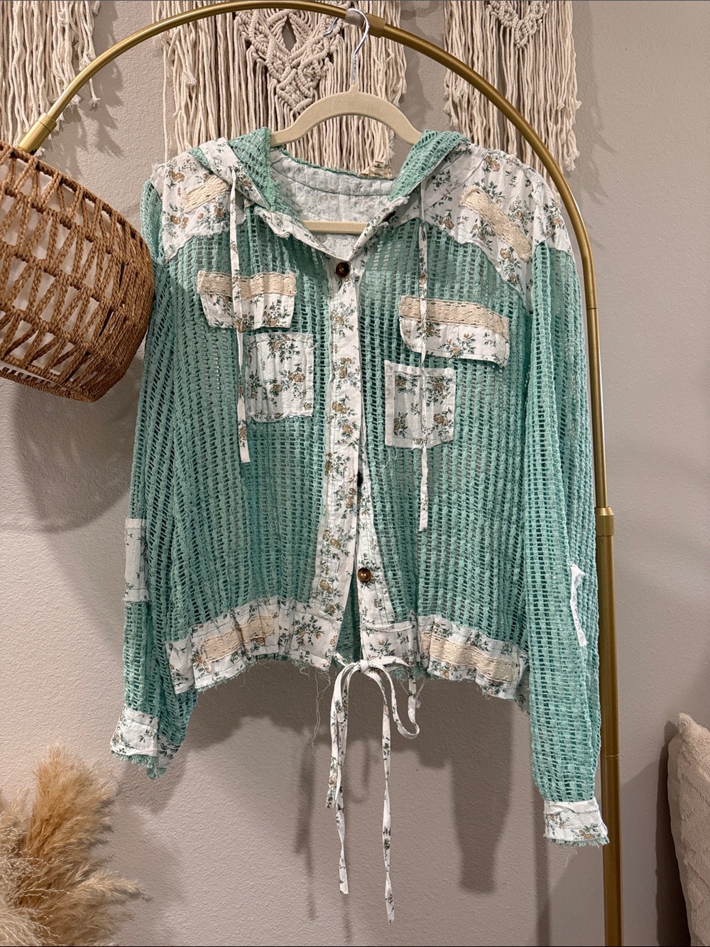 POL Mint Green Crochet-Panel Hoodie Blouse with Floral Lining